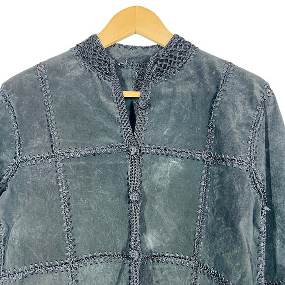 Vintage Suede Crochet Patchwork Jacket Shacket Black Knit Square Button Front S - Picture 2 of 12